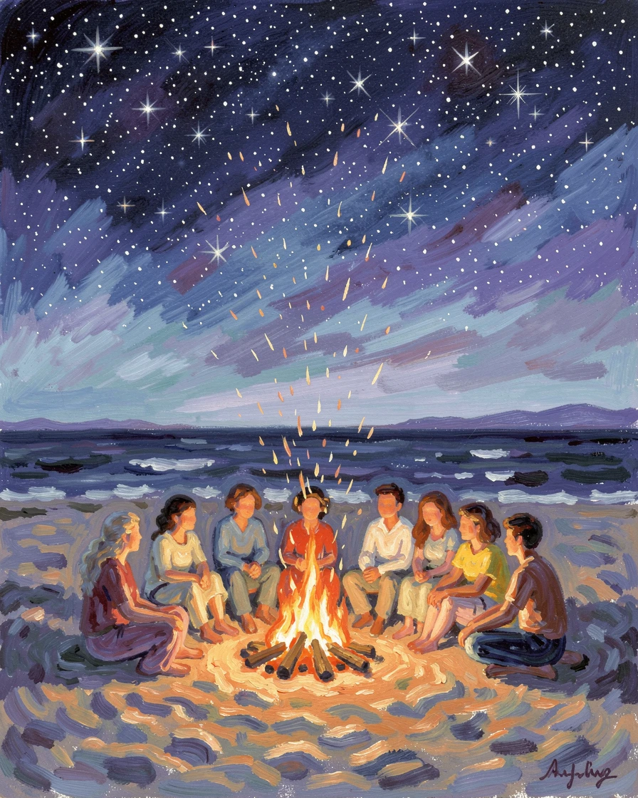 A group of friends gathered around a bonfire on a beach at night, sparks rising into the starry sky, under a canopy of stars.