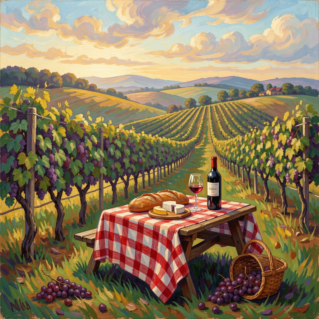 A quiet vineyard picnic in the rolling hills of the French countryside.