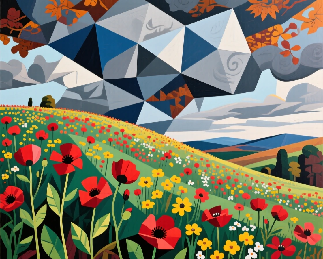 A panoramic view showing a blooming wildflower hillside under heavy autumn clouds, in early spring.