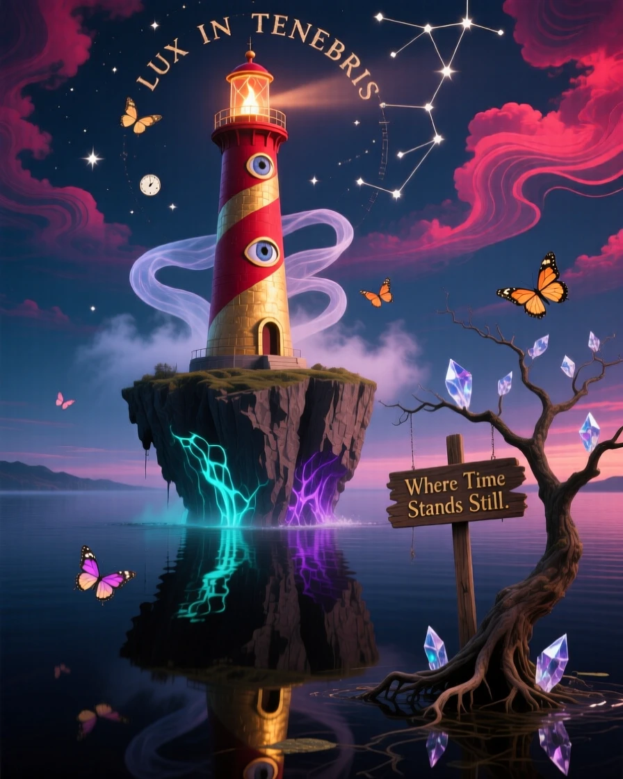 A lighthouse standing on a floating cliff hovers just above a mirror-still lake, and a single lantern burns at its highest point.
