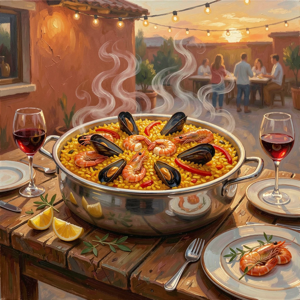 A steaming pot of paella sits at the center of a festive table, saffron rice studded with shrimp and mussels under warm Spanish evening light, a sense of warmth and hospitality conveyed through the careful arrangement of the meal.