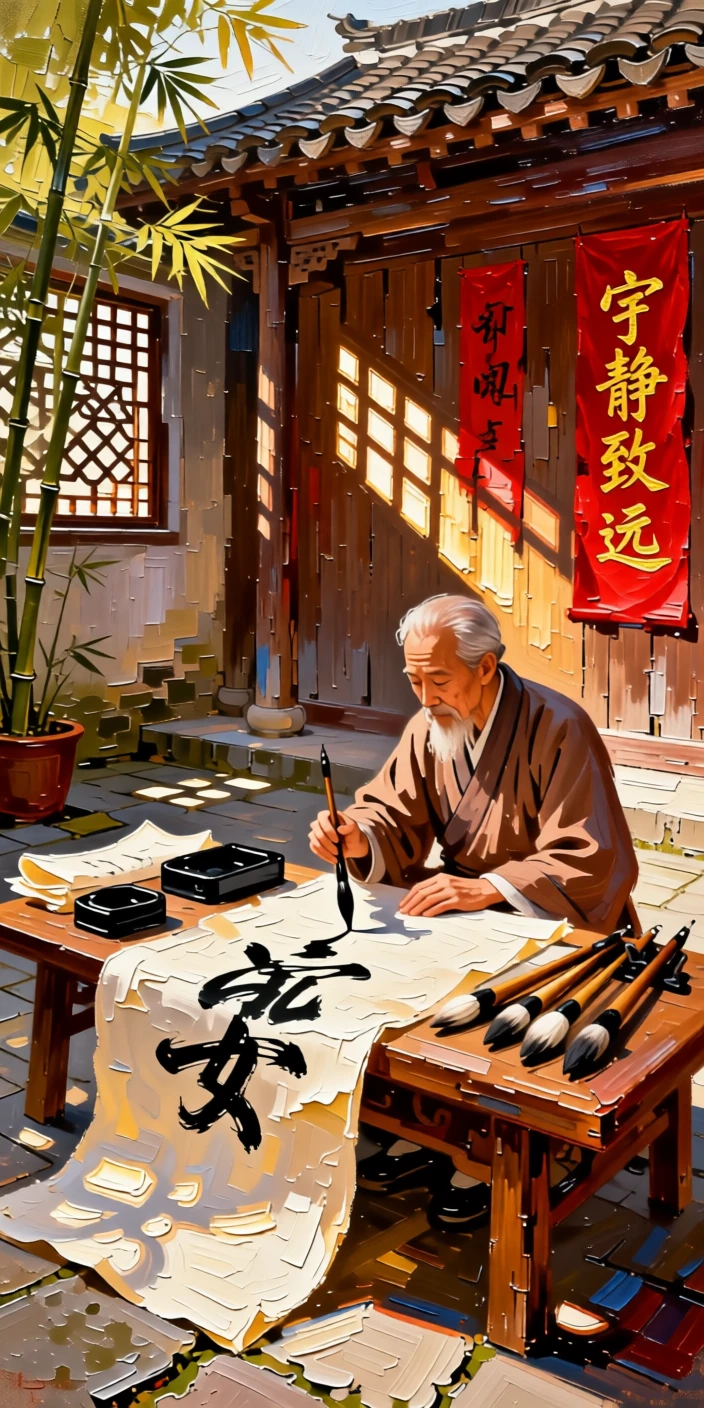 A traditional Chinese calligrapher practicing brushstrokes in a quiet courtyard studio