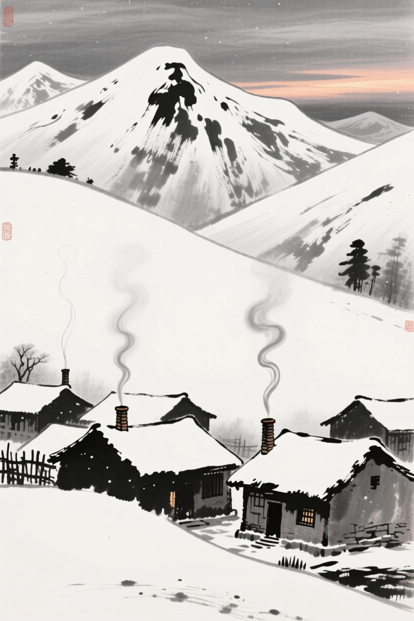 Snow blankets a mountain village, smoke rising softly from its chimneys, as the last light of day fades behind snow-covered peaks.