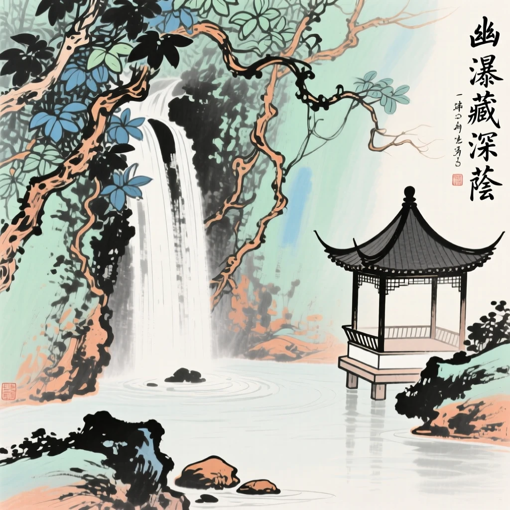 A hidden waterfall tucked behind a curtain of vines, with a small pavilion perched at the water's edge, at midday.