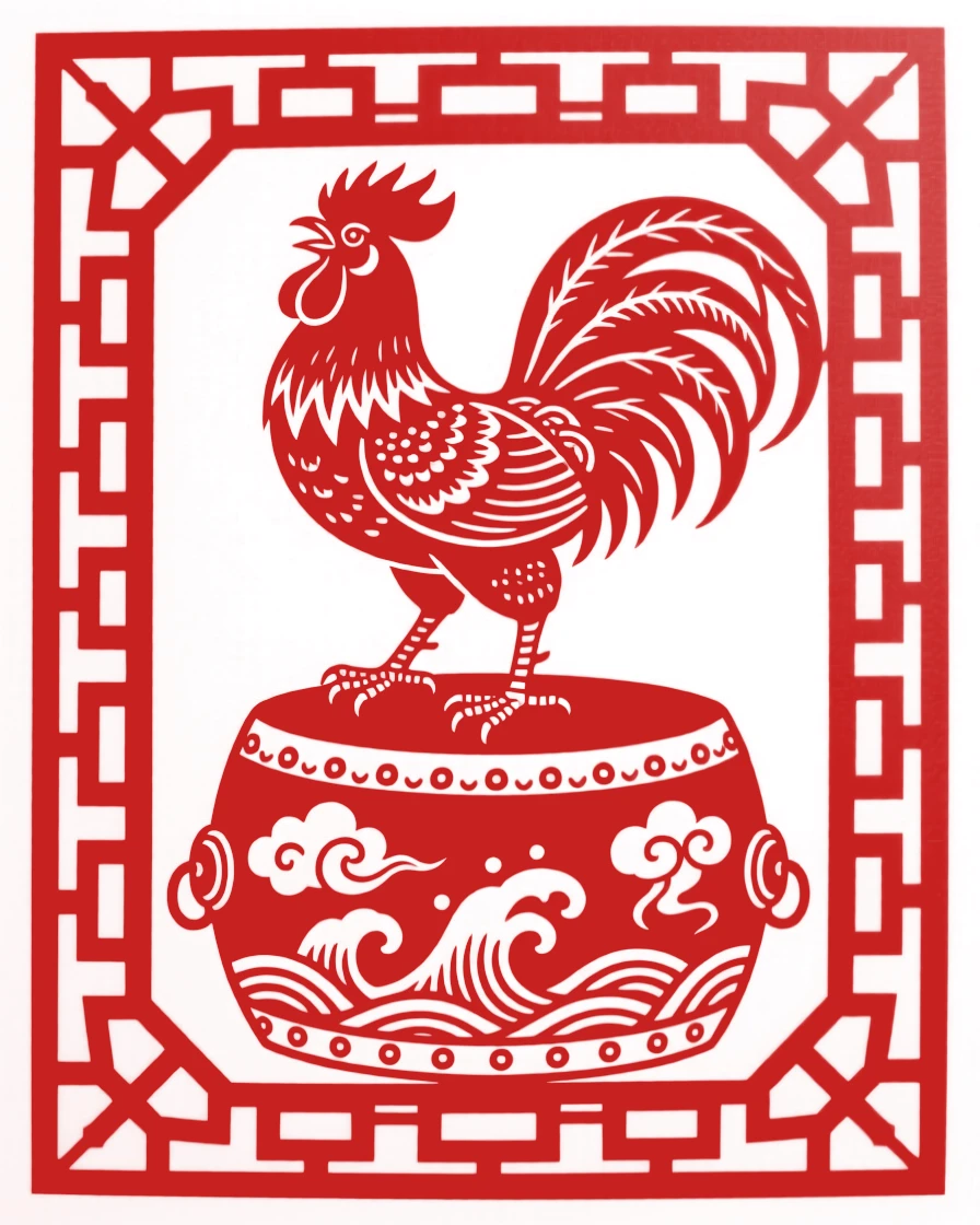 A rooster crowing atop a drum, framed by a symmetrical lattice of key-fret patterns, representing harmony between heaven and earth.