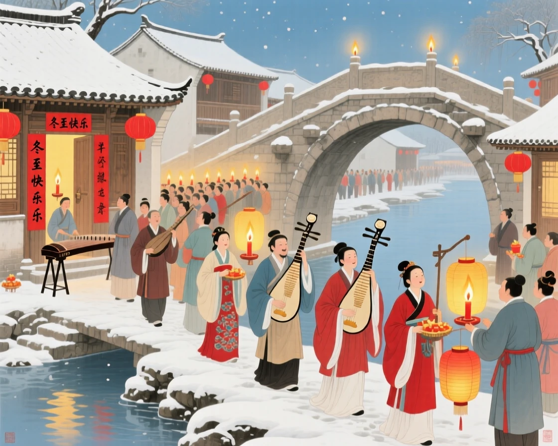 A candlelit procession through a village during a winter solstice festival, seen from a bridge overlooking the crowd