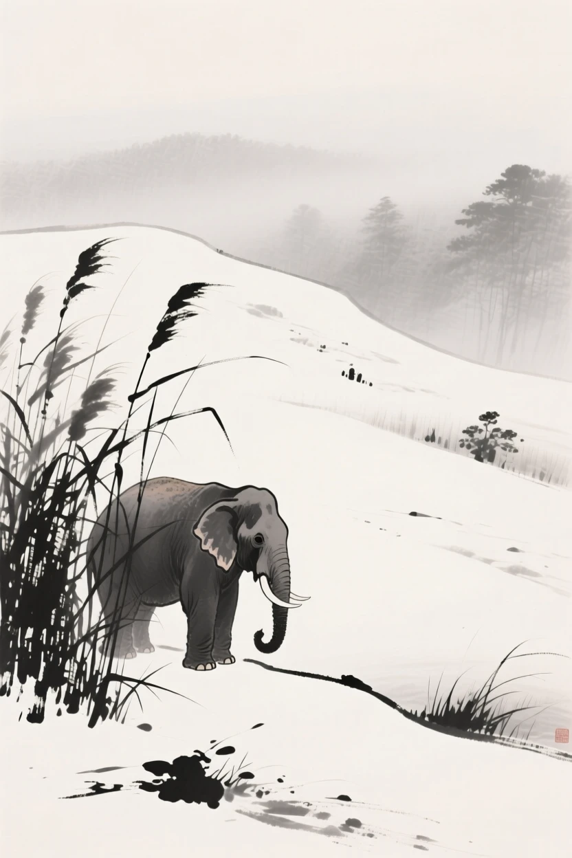 An elephant watching quietly from behind a stand of reeds on a snow-covered hillside, viewed through a gentle veil of morning mist, carrying a sense of quiet dignity and wildness.