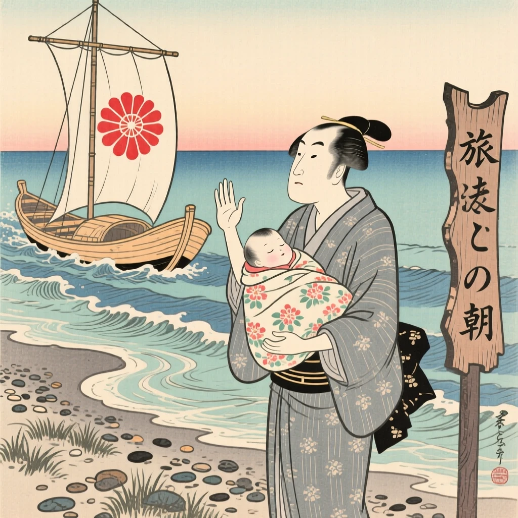 A father carrying his sleeping child waving farewell from the shore as a boat departs.