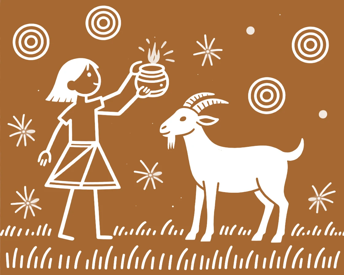 A girl and her pet goat catching fireflies at dusk.