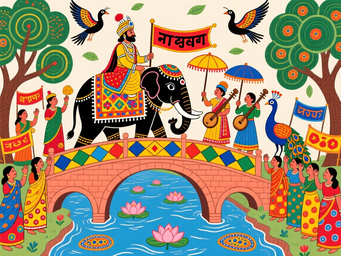 A maharaja's procession crossing a bridge lined with cheering villagers.