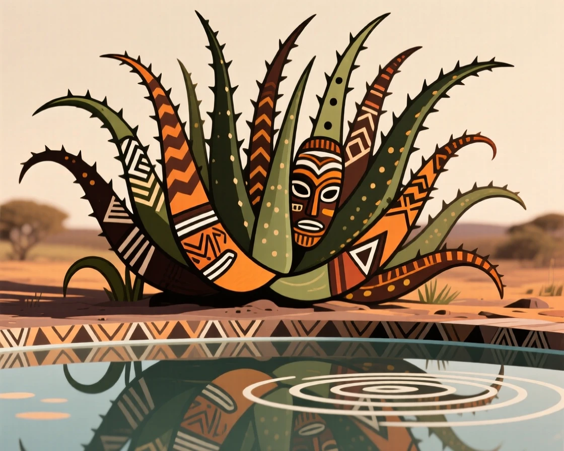 A cluster of wild aloe plants reflected in the still water of a nearby pool.