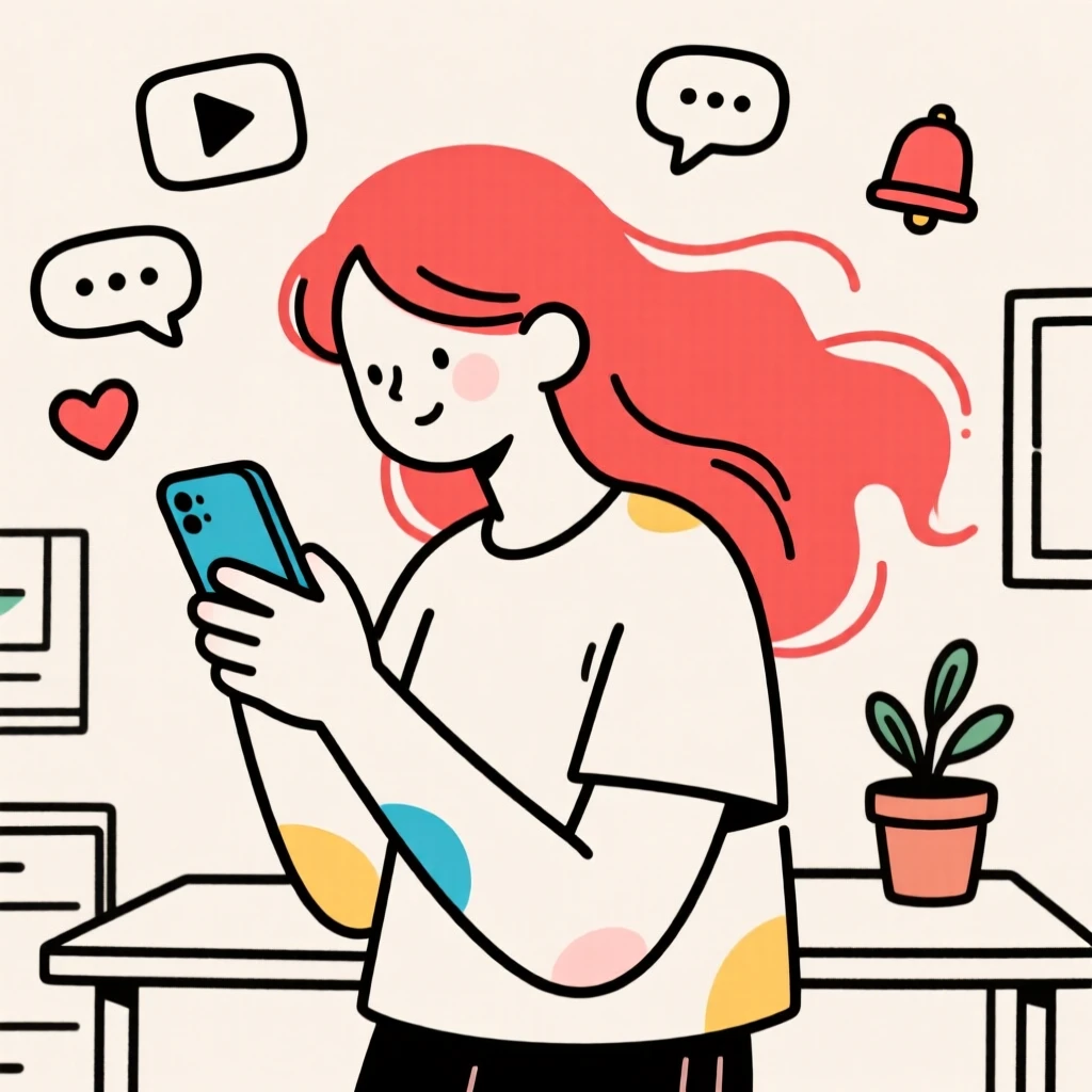 Cartoon illustration of a person with red hair using a smartphone, surrounded by digital media icons and minimalistic decor.