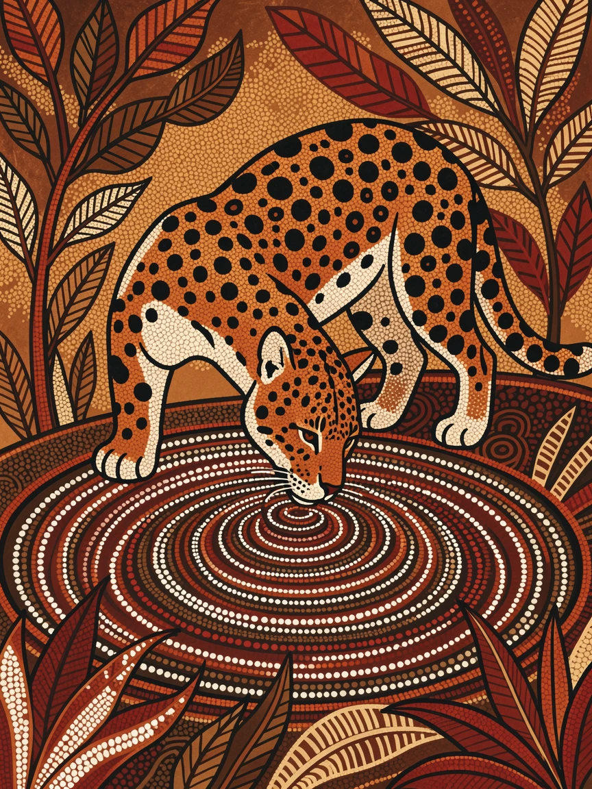 A jaguar drinking from a quiet watering hole
