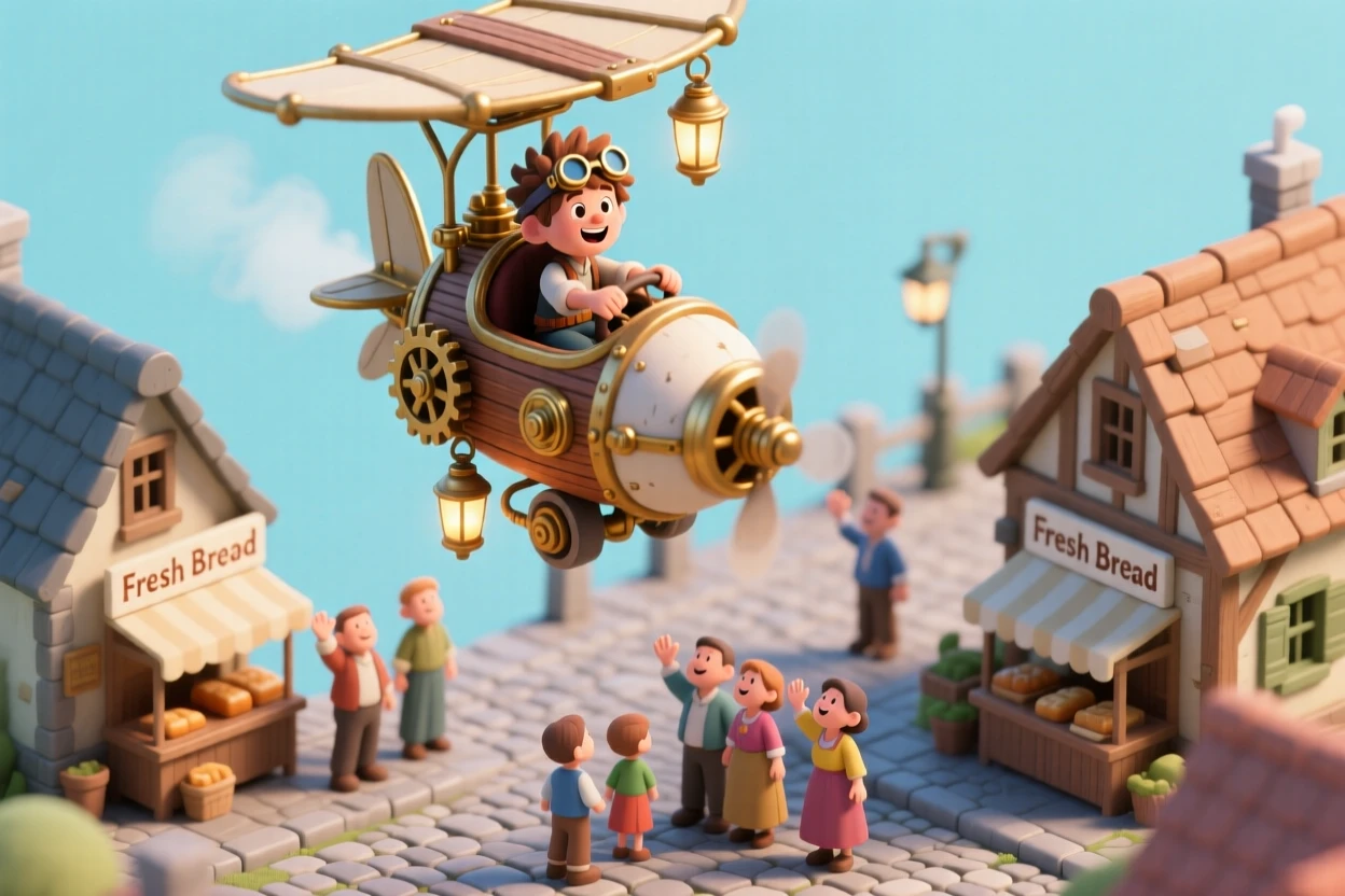 A young inventor's flying machine taking its maiden voyage over a village, villagers cheering and waving below.