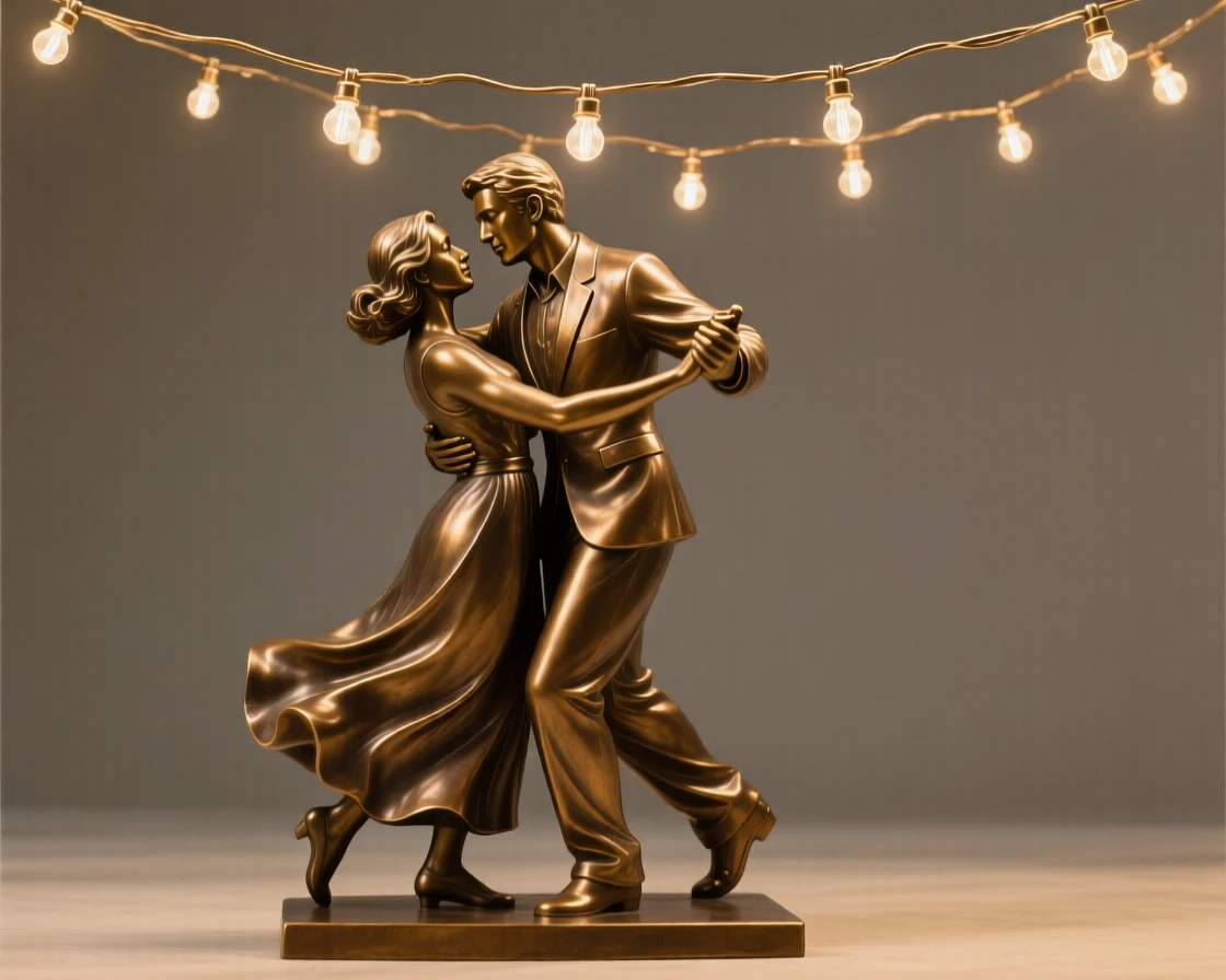 A couple slow dancing beneath string lights, in a moment of pure emotion, forming a strong central focal point