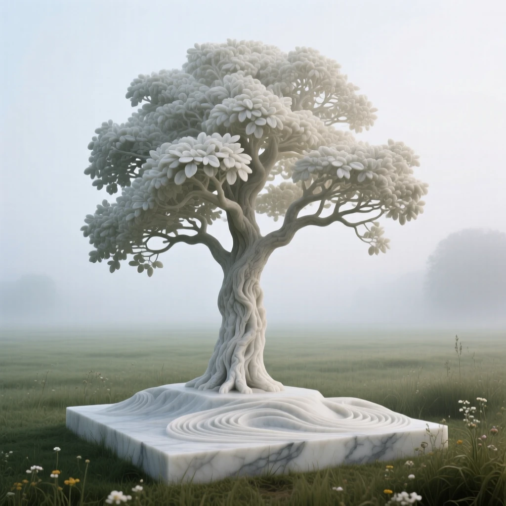 A beautifully composed image of a solitary tree standing in a misty field, under a brilliant, colorful sky, full of atmosphere and visual storytelling