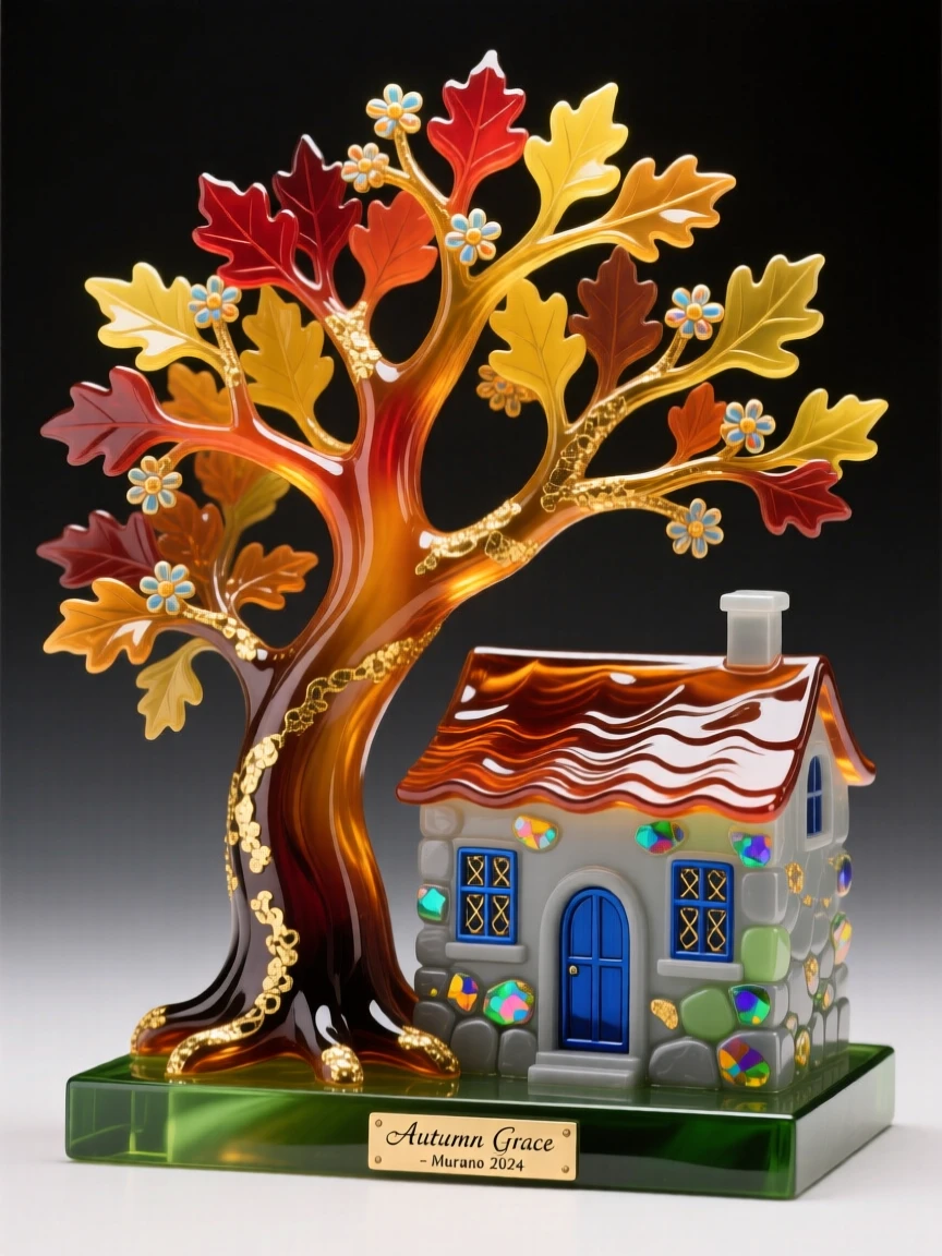 A grand old oak tree glowing with autumn color beside a quiet stone cottage, timeless and cozy.