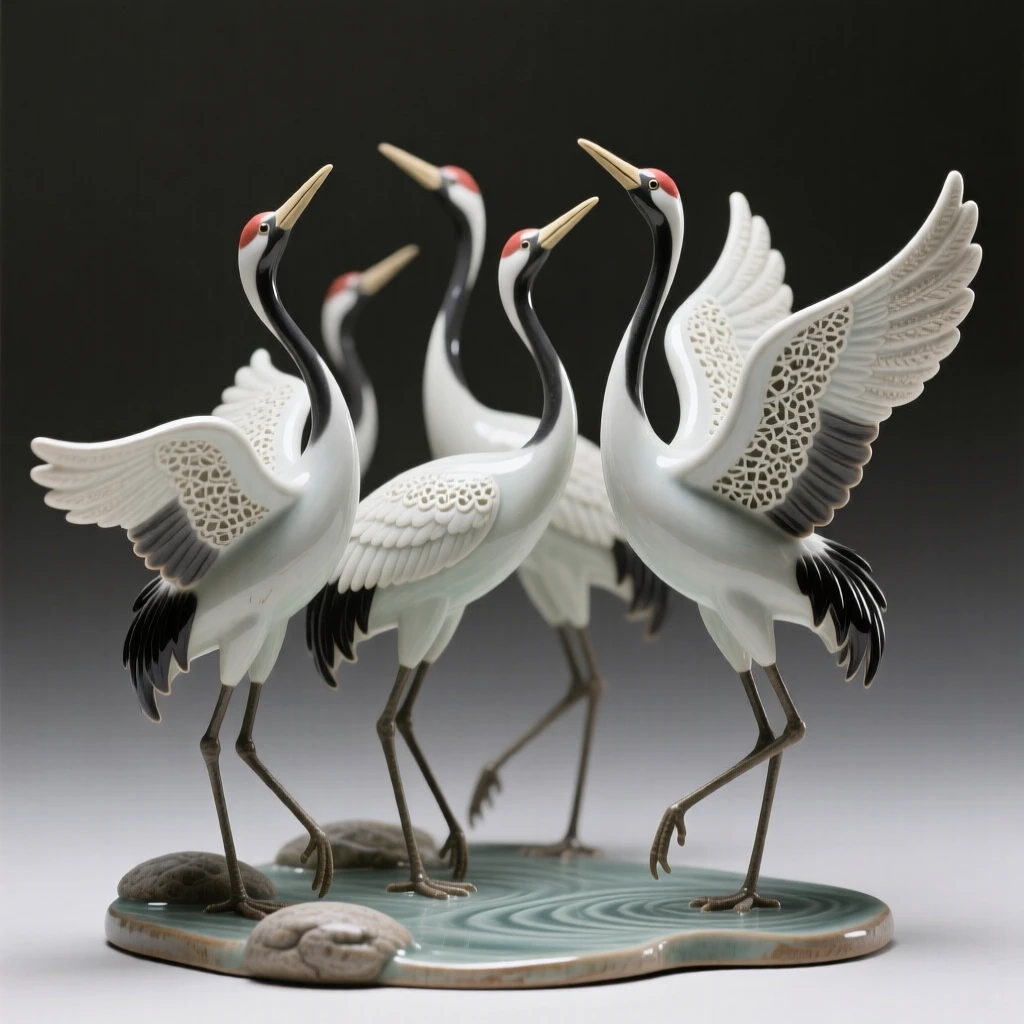 A flock of cranes taking flight together perched gracefully in a moment of stillness, its wings dusted with delicate, intricate patterns, conveying effortless elegance in motion.