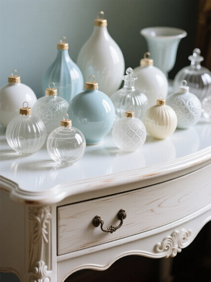 A collection of glass ornaments arranged across an antique dresser, each piece catching the light differently.