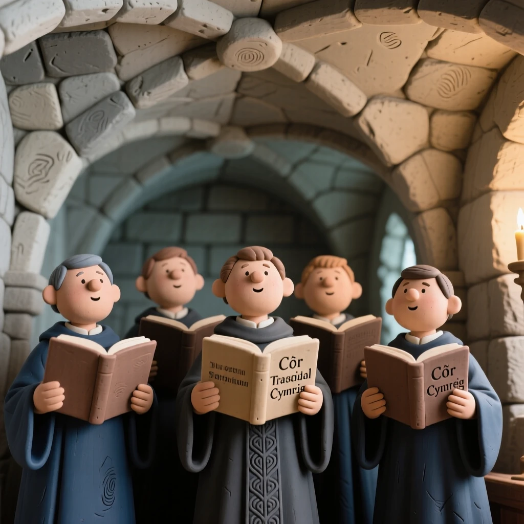 A traditional Welsh choir singing beneath a stone chapel ceiling