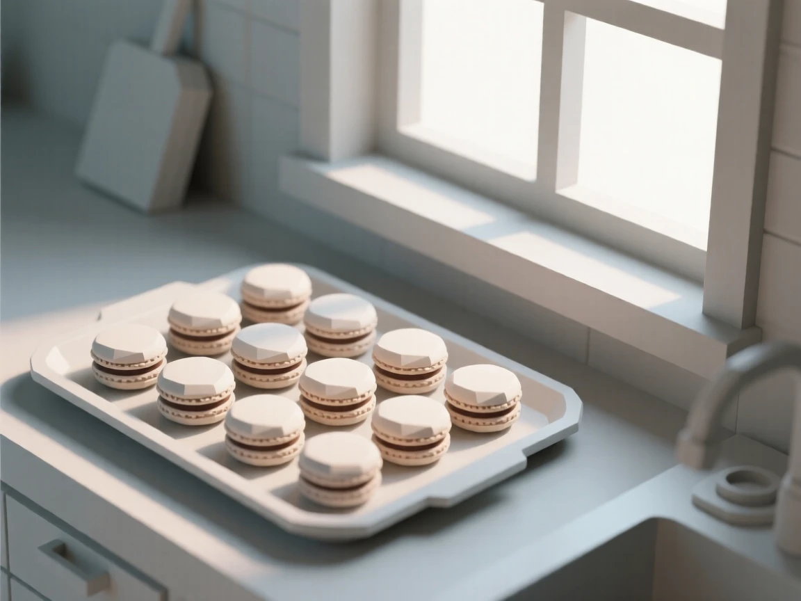 A tray of colorful macarons, beside a sunlit kitchen window. a shallow depth of field keeps focus on the food. The setting feels indulgent and delicious.