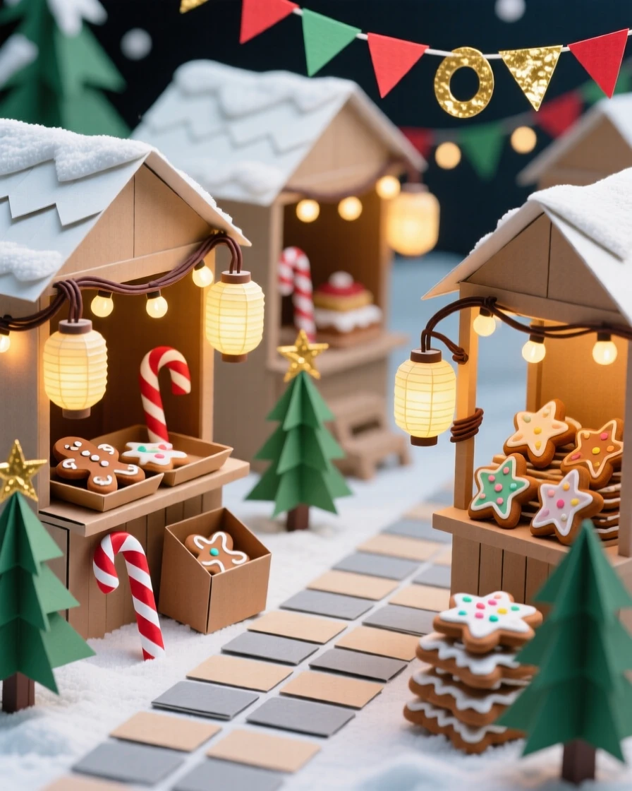 A festive winter holiday market decorated with warm twinkling lights, with festive treats displayed abundantly, capturing cherished holiday tradition.