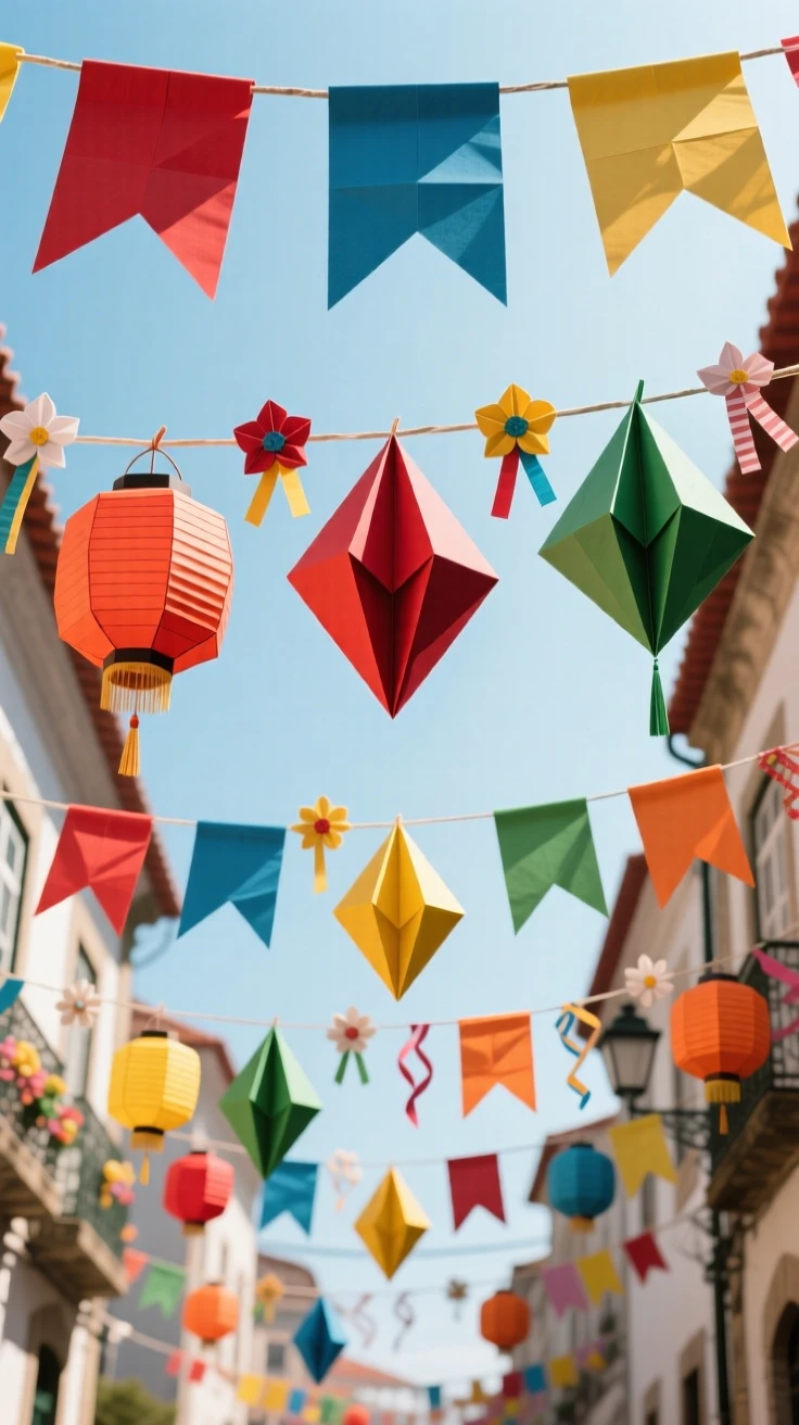 A Portuguese Santos Populares street festival scene with colorful paper decorations overhead.