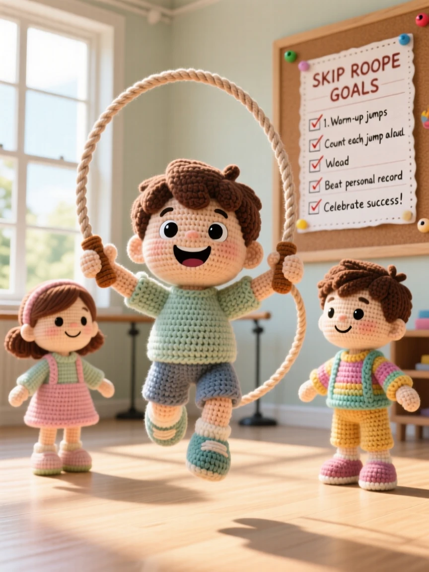 a small boy learning to skip rope with friends, counting each jump aloud, is captured laughing as he beats his own record in a sunlit studio with large windows beside a cheerful checklist pinned to a board, showing focused determination and quiet pride.
