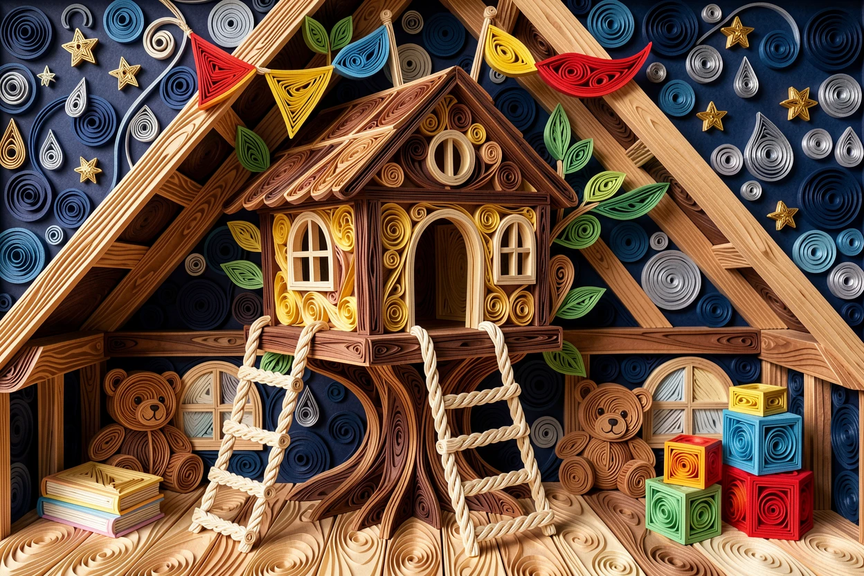 A whimsical children's scene of a treehouse with a rope ladder and colorful flags in a cozy attic filled with childhood treasures, with a sprinkle of twinkling stars overhead, composed with playful, bouncy rounded shapes throughout.