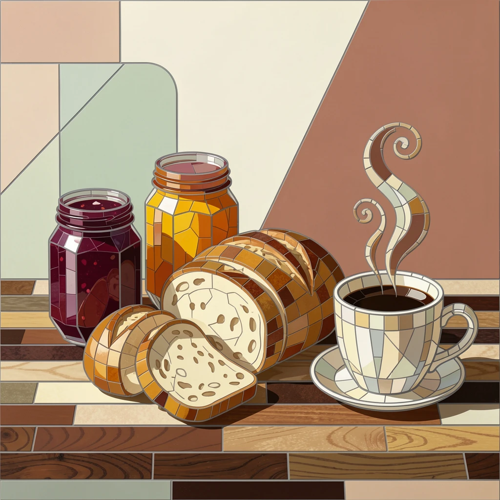 A rustic breakfast spread with fresh bread, jam, and coffee on a wooden table.