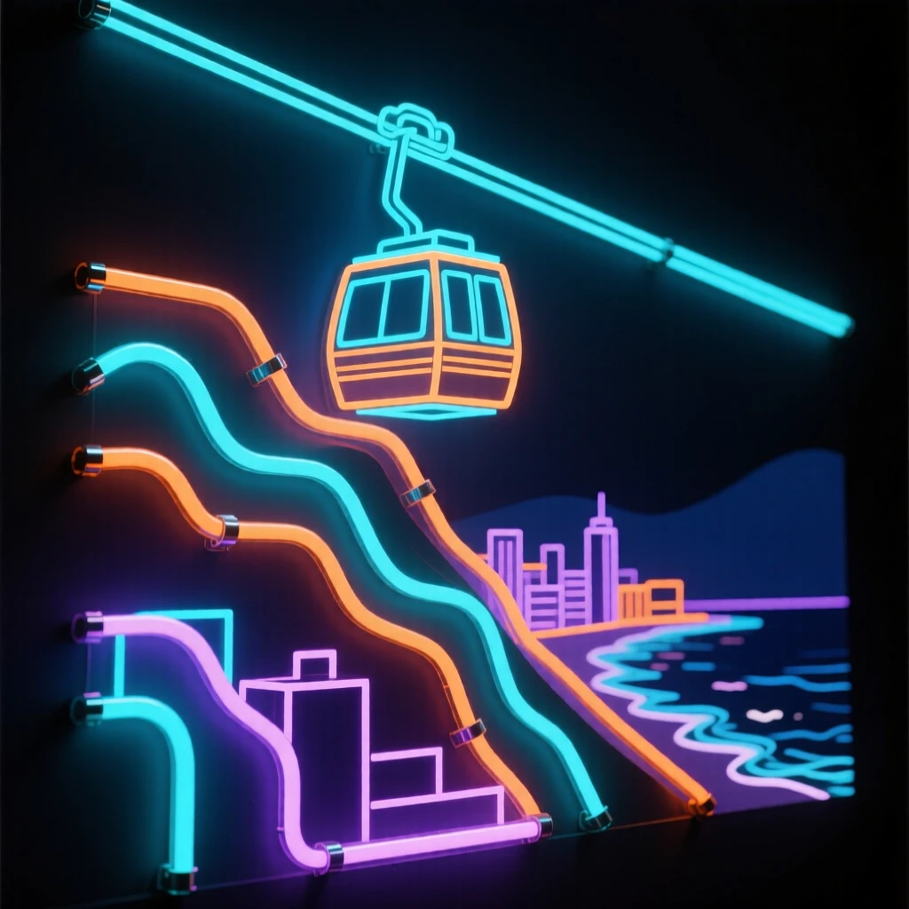 A cable car climbing a steep hill above a coastal city.
