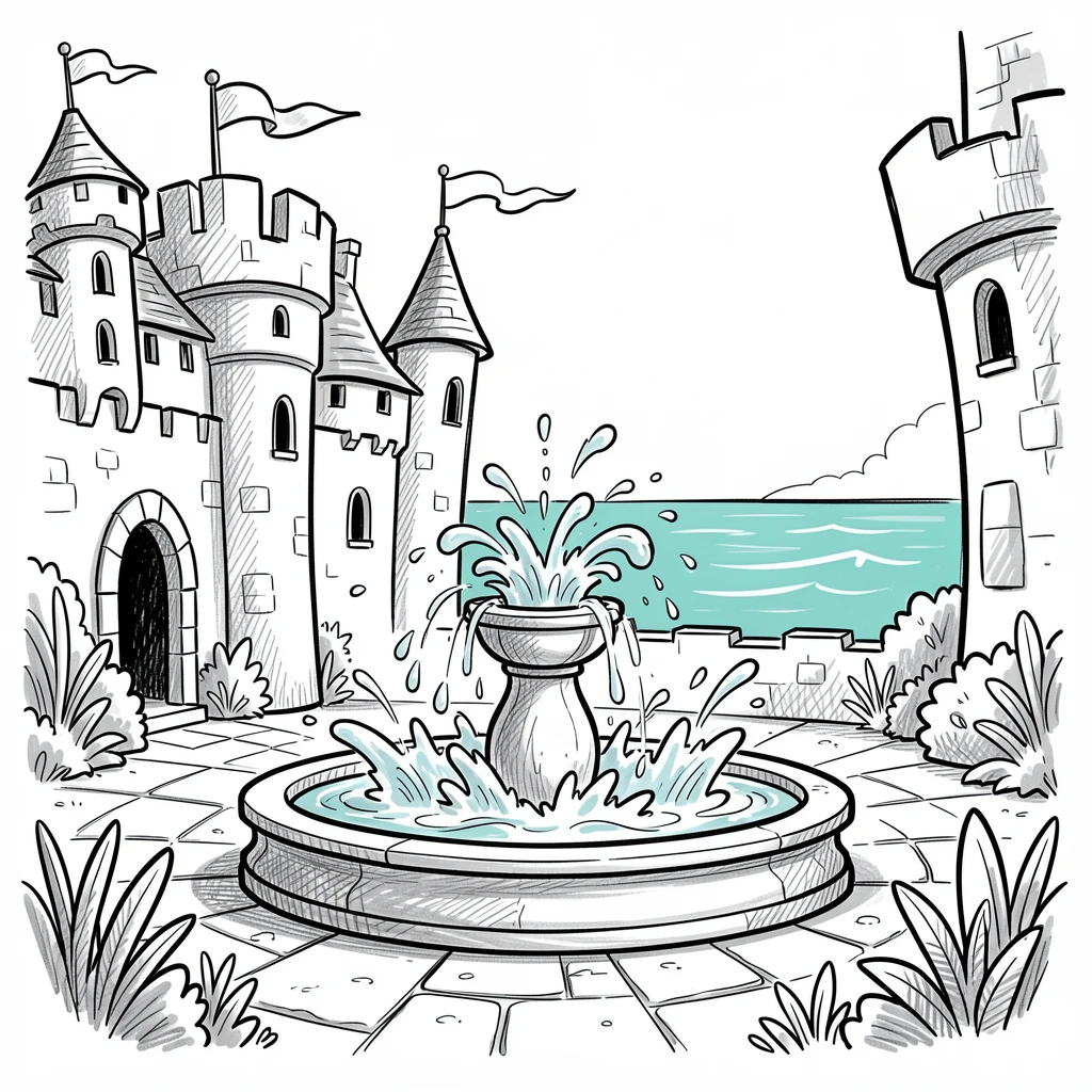 A castle courtyard with a bubbling fountain overlooking a calm turquoise bay.