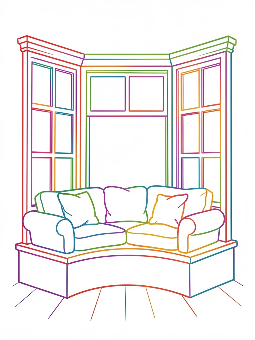 A cozy reading nook built into a bay window with plush cushions.
