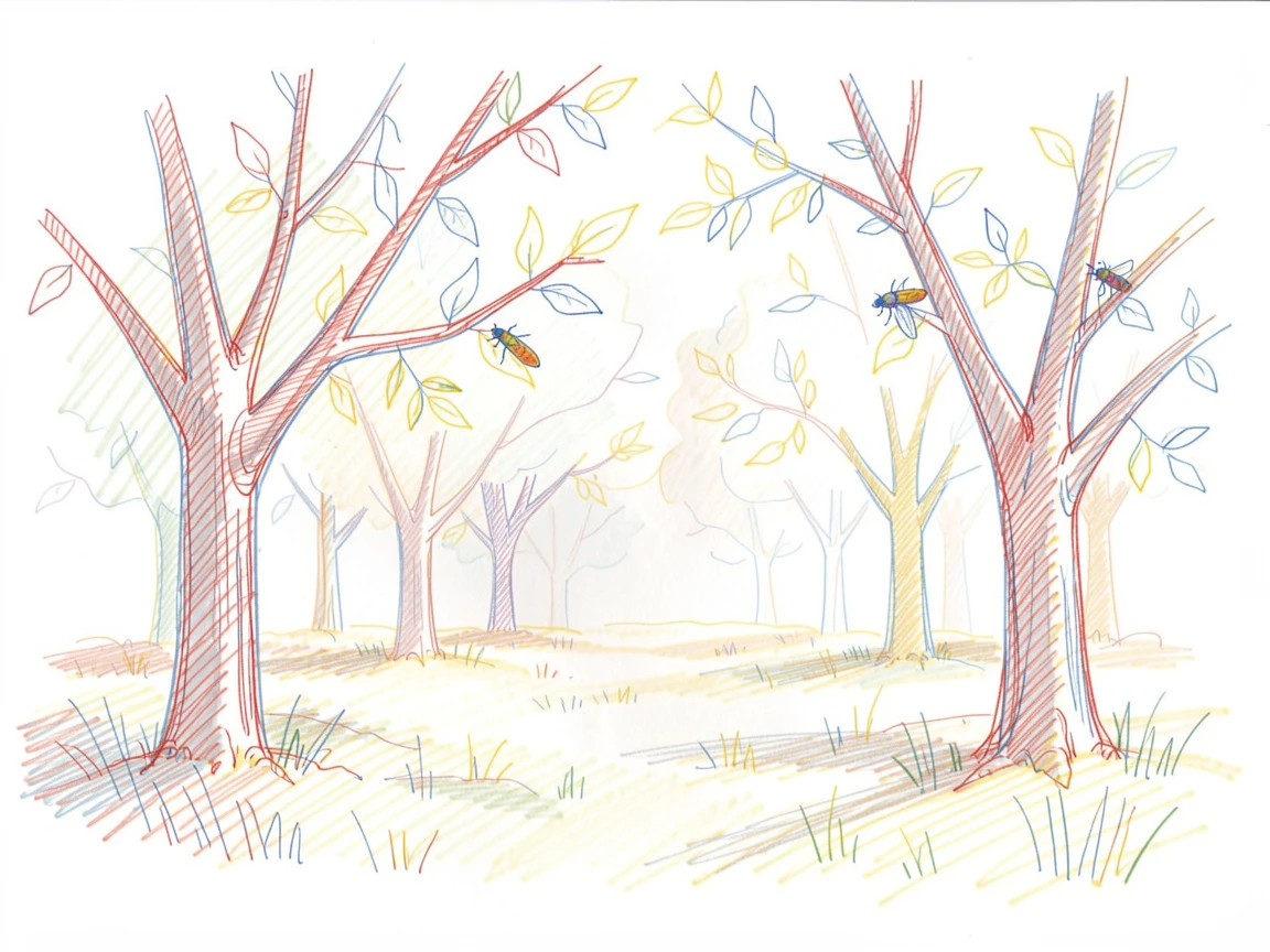 A hazy summer afternoon with cicadas humming in a shaded orchard