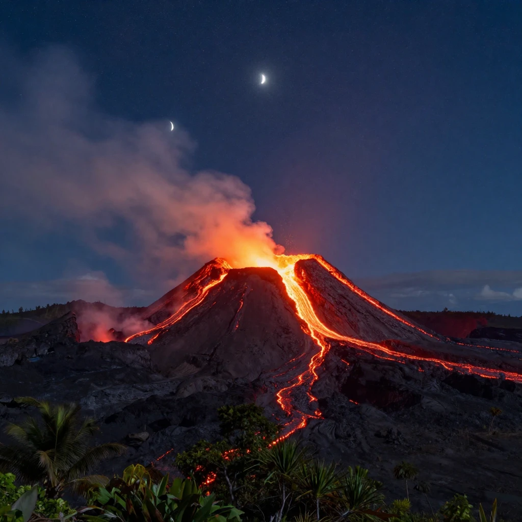 A Hawaiian volcano glowing red against the night sky