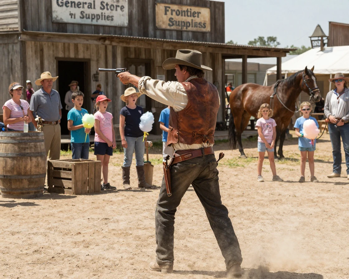 An old west reenactor demonstrates a fast-draw at a dusty frontier town festival.