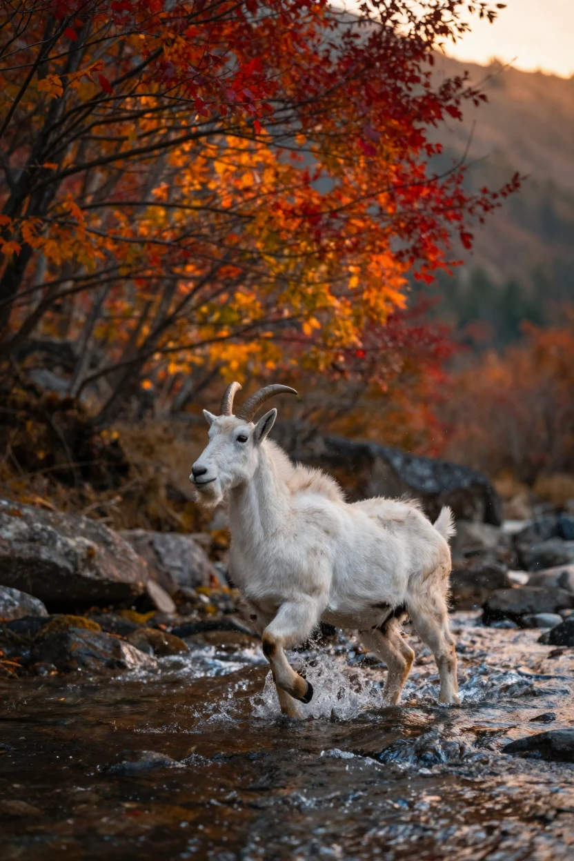 A mountain goat playing together in shallow water beneath a canopy of autumn leaves as the day slowly fades