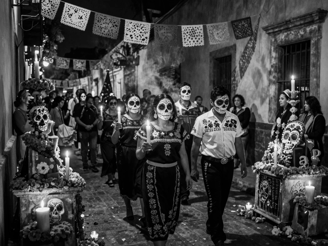 A Day of the Dead procession moves through candlelit streets past marigold-covered altars.