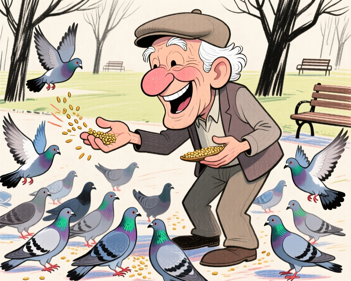 A grandfather feeding pigeons in a park, birds swarming happily around his feet.