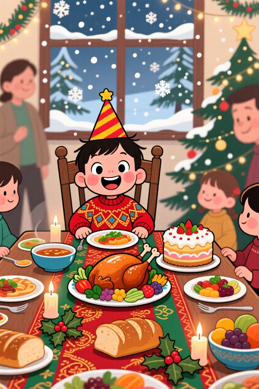A festive celebration scene of a small child sharing a traditional feast at a long decorated table, as snow gently falls around them.