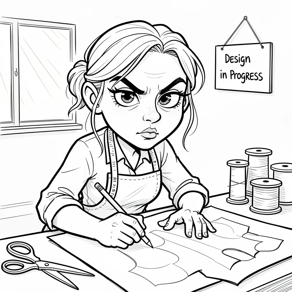 [Occupations & Hobbies] Detailed scene of a dedicated seamstress sketching out a new design, showcasing skill and dedication