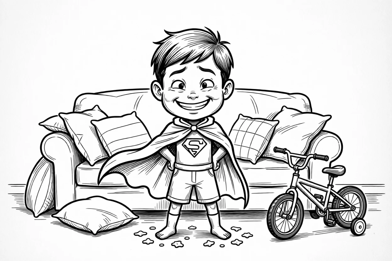 A kid dressed as a superhero with a towel cape, grinning guiltily with crumbs scattered everywhere, set in a bedroom buried under couch cushions. A tiny bicycle with training wheels waits nearby. It's a burst of pure, unfiltered childhood joy.