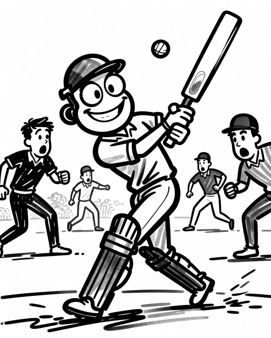 A cricket batsman connecting powerfully with the ball as fielders scramble.