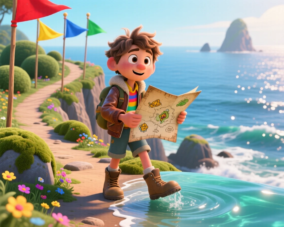 A young explorer with a map in hand stands along a winding cliffside path above the ocean, dipping their toes into the cool water. A quiet excitement for discovery lingers in the air, with colorful flags fluttering nearby.