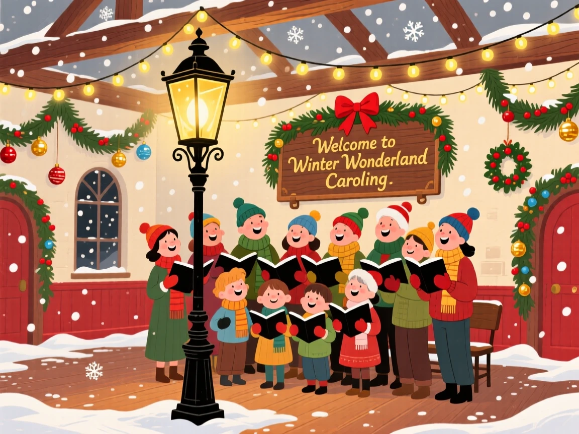 In a decorated town hall, carolers bundled in scarves celebrate together by singing carols beneath a lamppost in falling snow, with twinkling lights strung overhead.