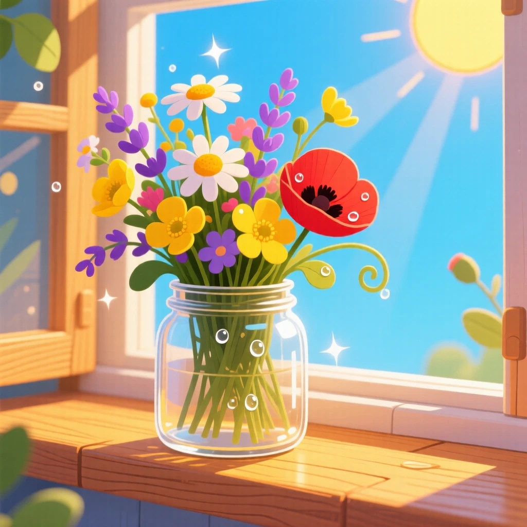A jar of wildflowers on a windowsill catching the morning light.