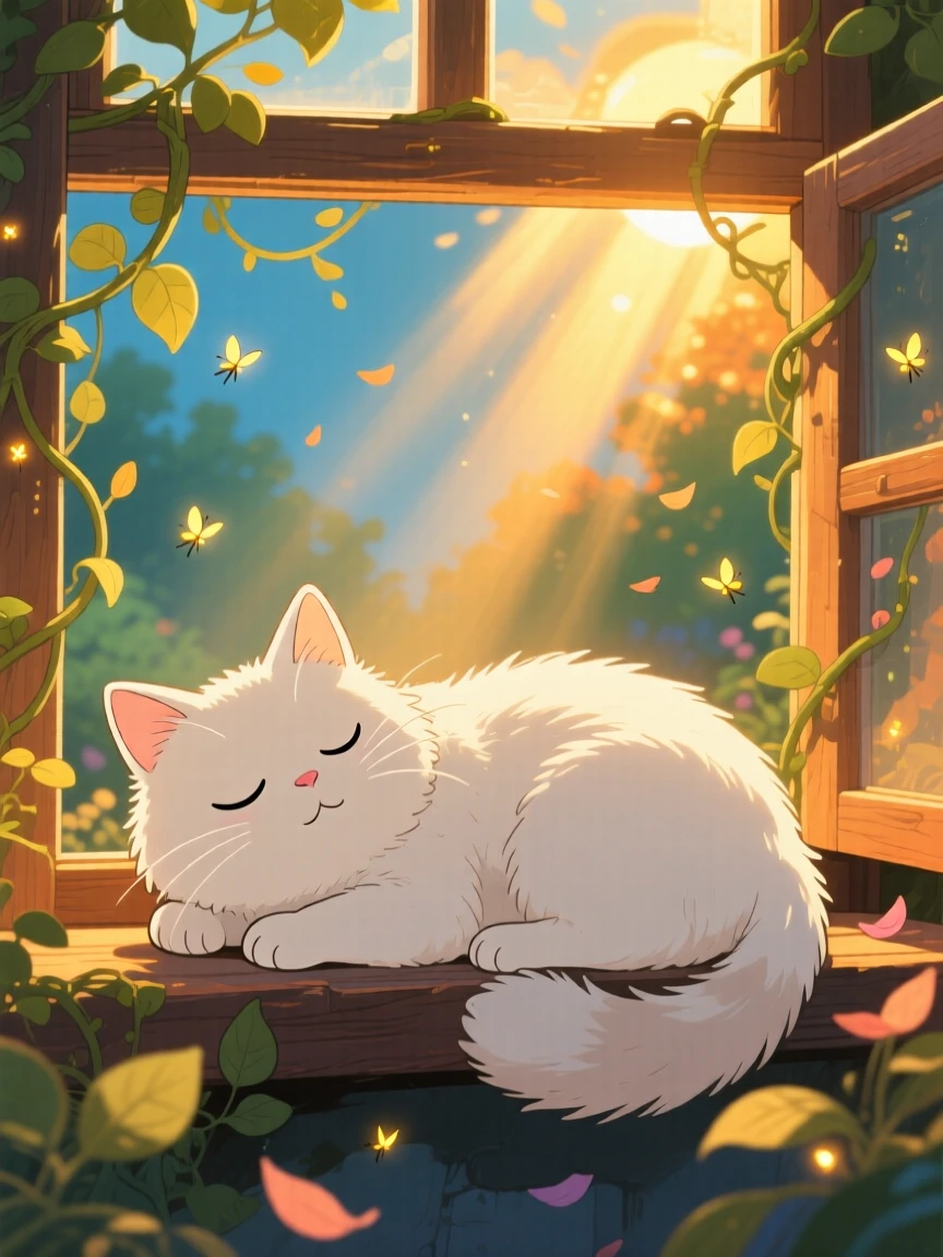 A fluffy white cat napping in a sunbeam, framed by the golden light of sunset, radiating pure charm.
