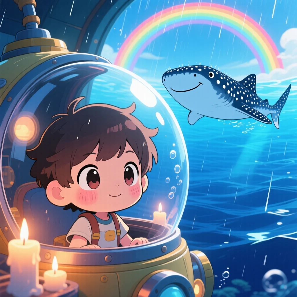 In the deep blue open ocean, a small child in a submarine is spotting a gentle whale shark under a rainbow after the rain, bathed in gentle candlelight, expression full of brave confidence. Shot as an extreme close-up.