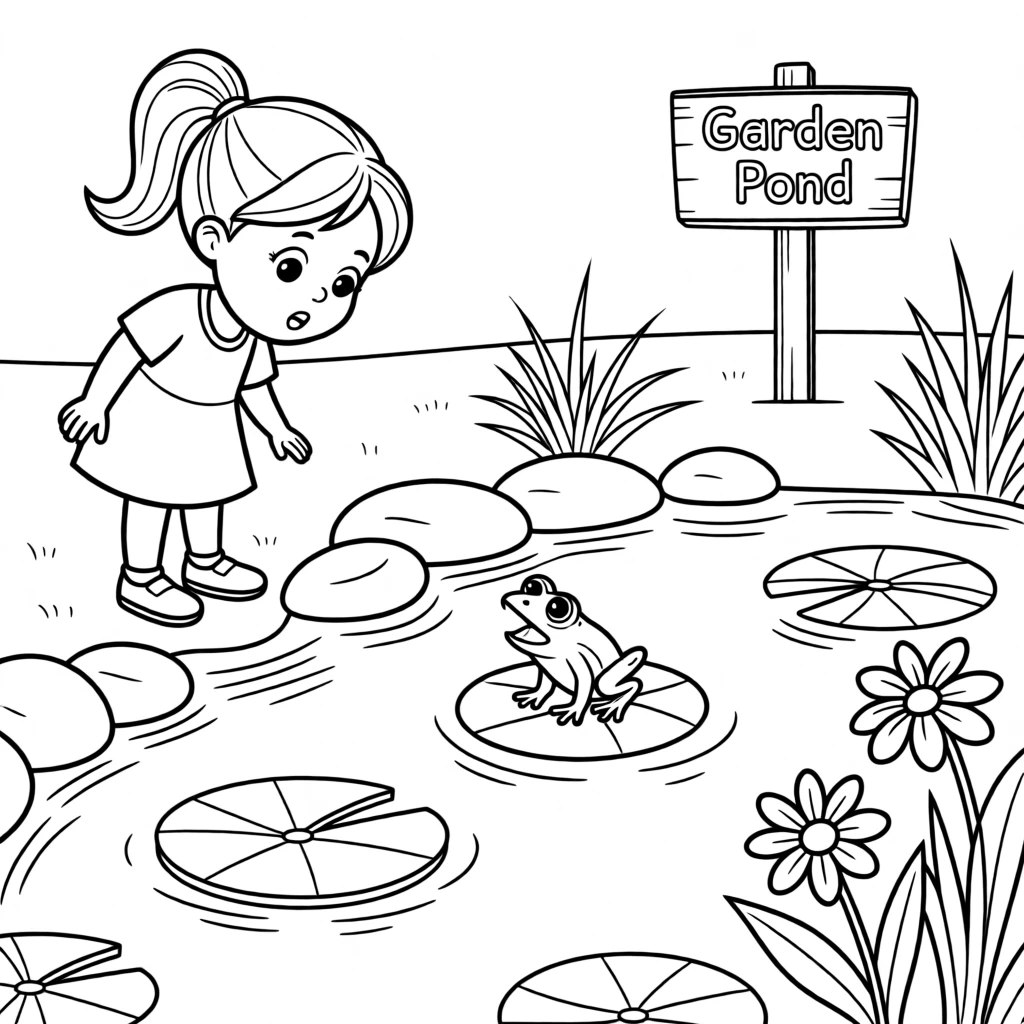 A young girl finding a talking frog by a garden pond