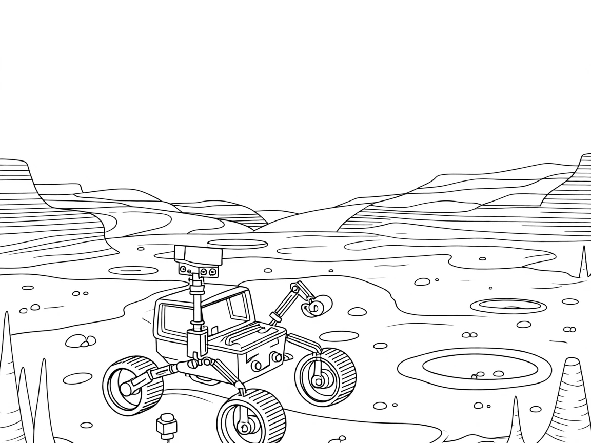 A rover exploring the red dust of a Martian plain, with craters and canyons stretching into the distance.